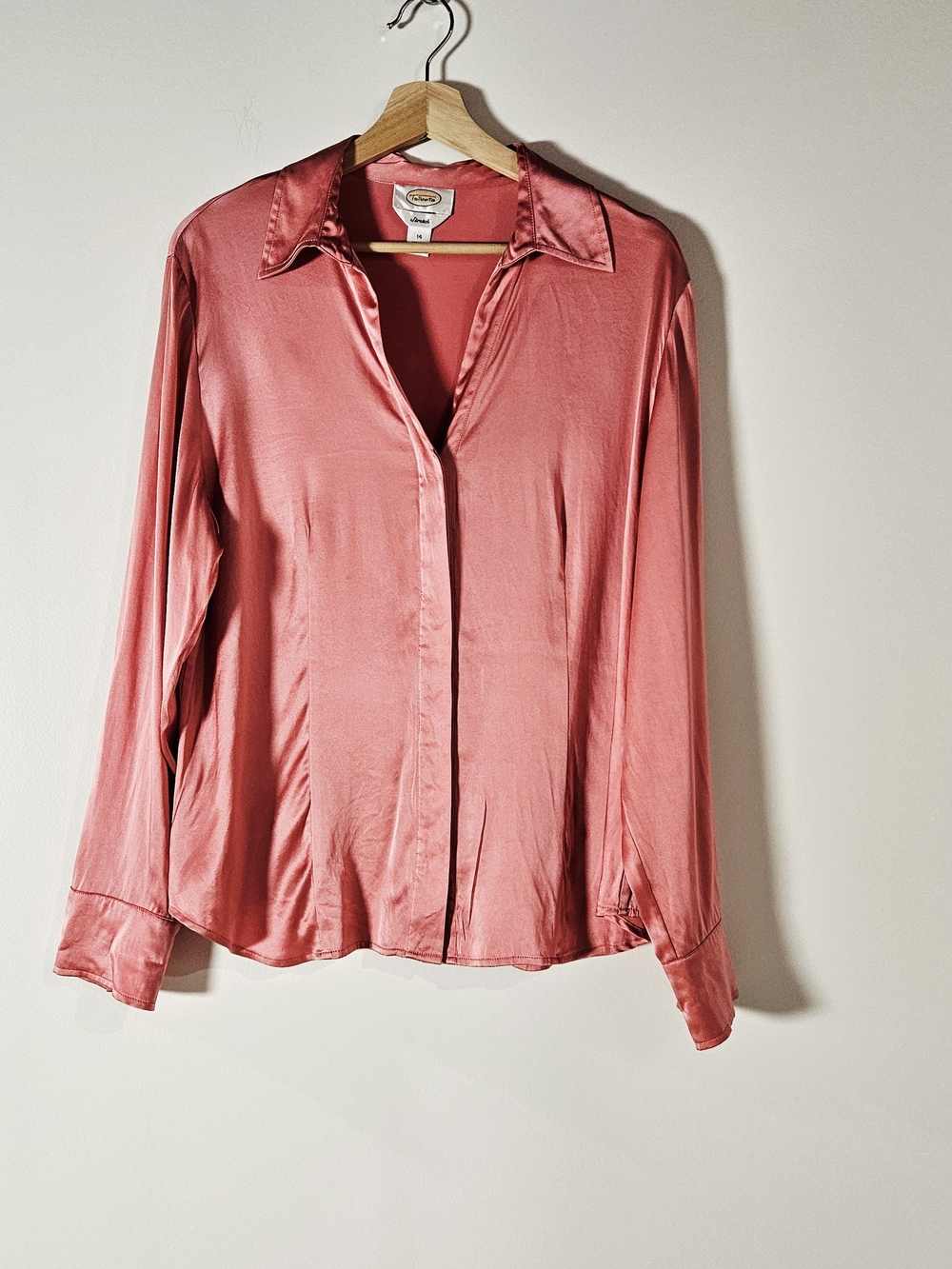 Talbots PInk Silk Stretch Satin Button Down Blouse Size 14